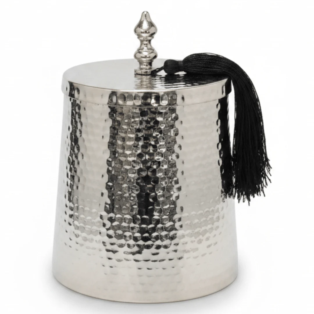 AKDC Premium Silver Finish Dates Bowl with Lid for Serving Dry Fruits, Snacks, and Traditional Gatherings (13.5 × 18.5 cm)