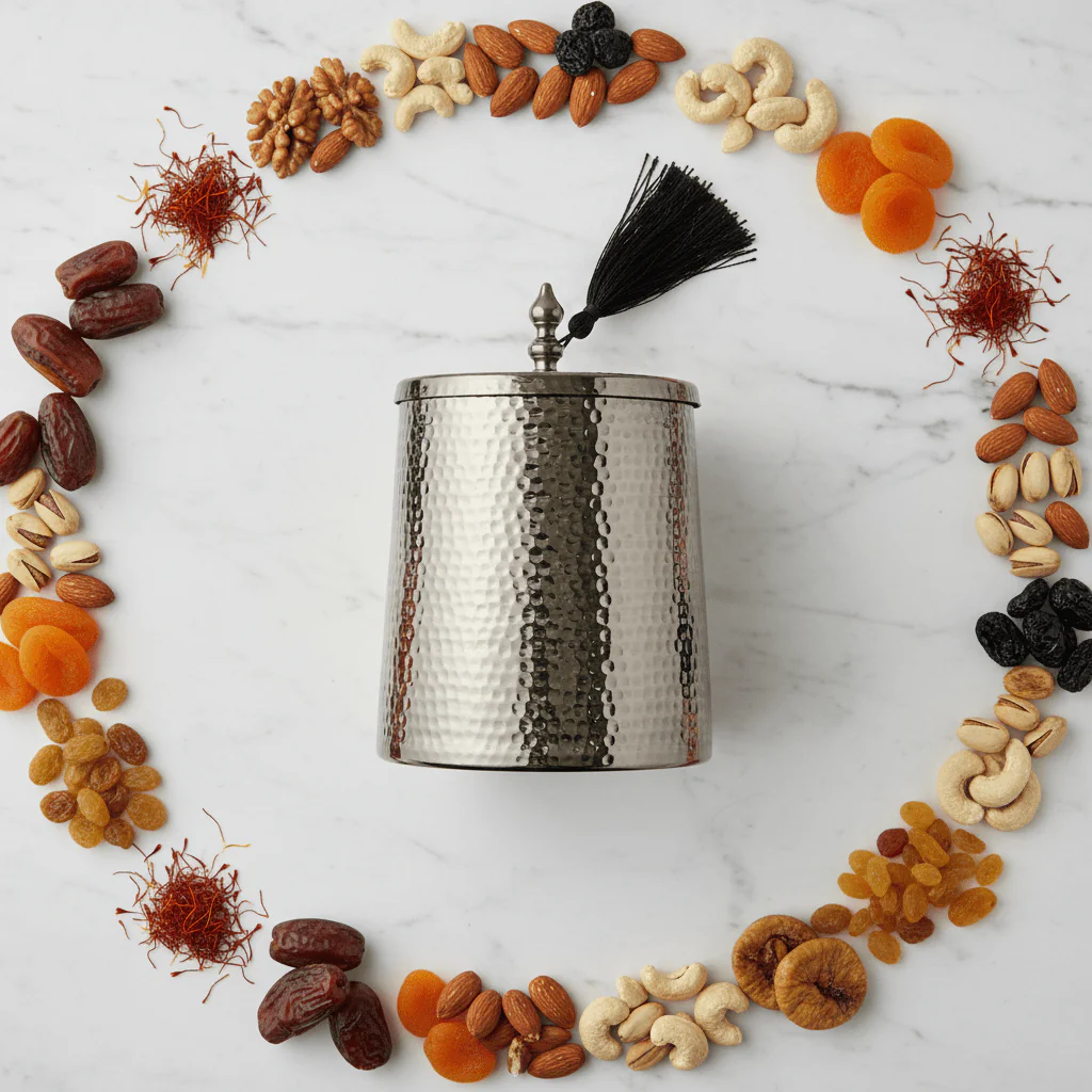 AKDC Premium Silver Finish Dates Bowl with Lid for Serving Dry Fruits, Snacks, and Traditional Gatherings (13.5 × 18.5 cm) - Image 3