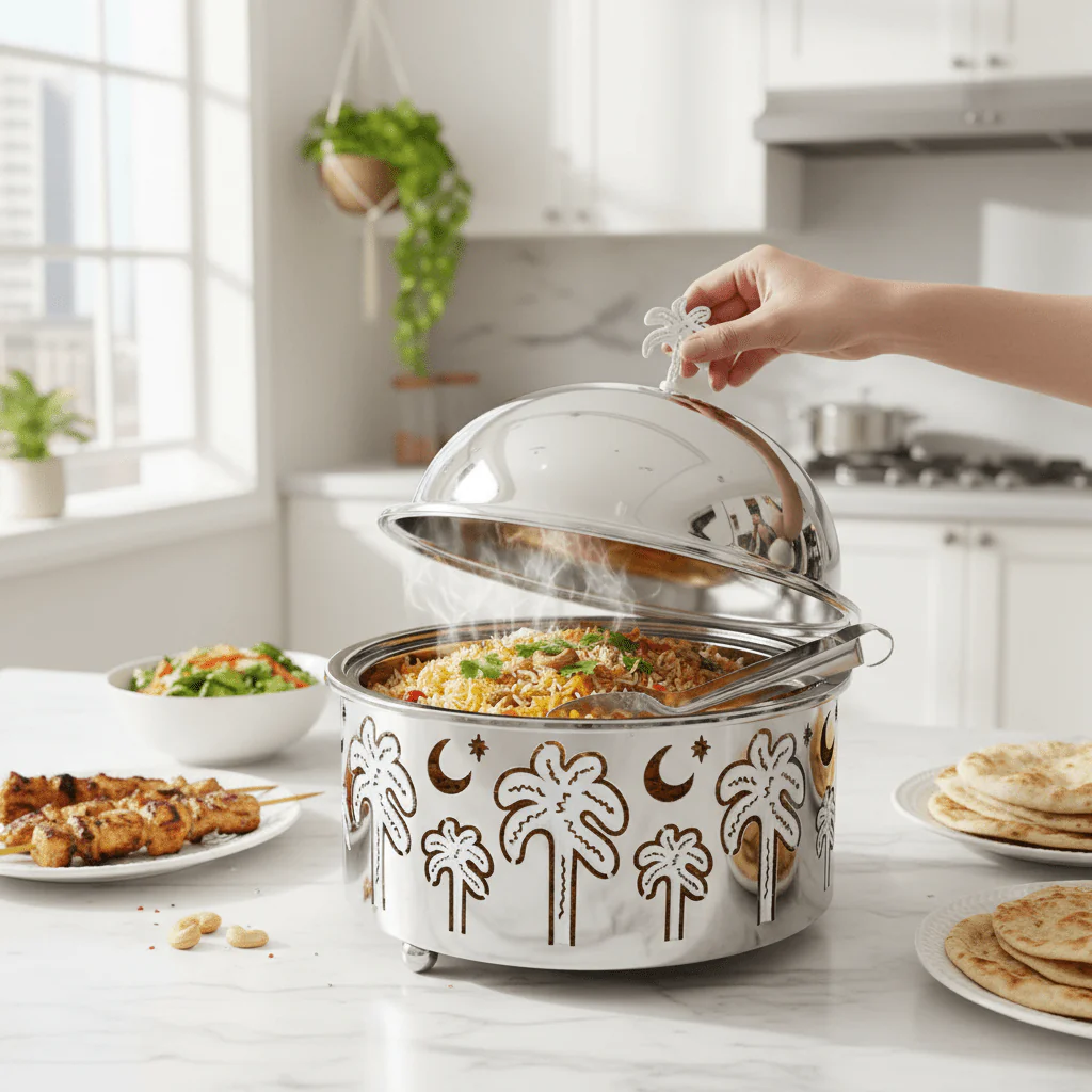AKDC Premium Stainless Steel Food Server with Dome Lid & Palm Tree Design Base – Elegant Covered Serving Dish – 23 × 10 cm - Image 3