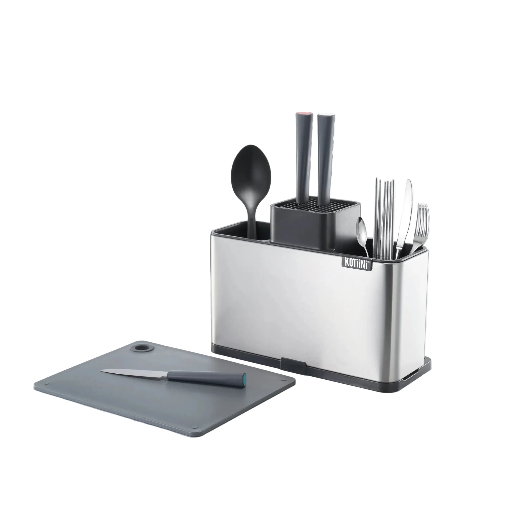 AKDC Premium Stainless Steel Multi-Purpose Kitchen Utensil Organizer with Knife Slots, Cutlery Compartments & Integrated Chopping Board – Heavy-Duty Countertop Storage (310×136×233 mm)