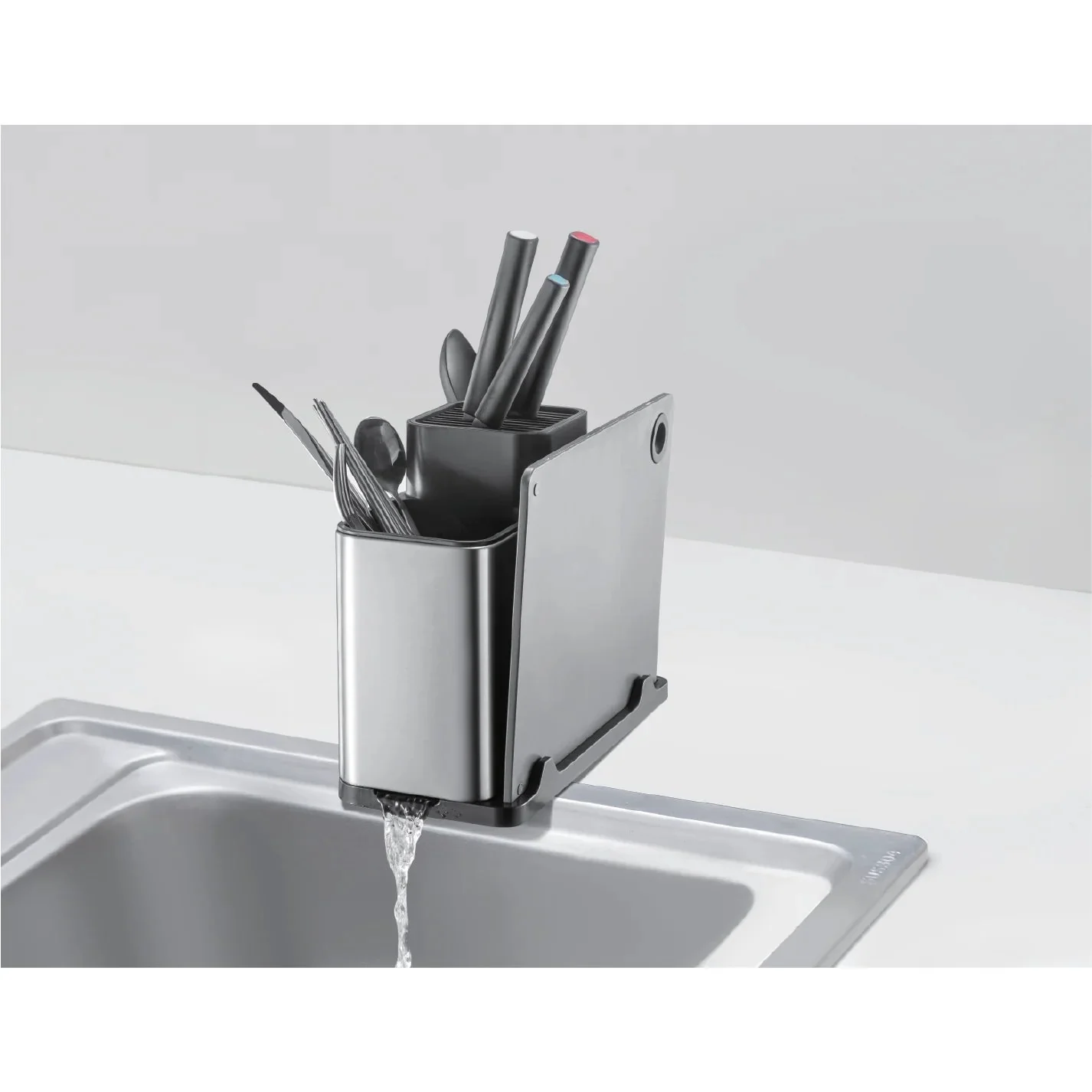 AKDC Premium Stainless Steel Multi-Purpose Kitchen Utensil Organizer with Knife Slots, Cutlery Compartments & Integrated Chopping Board – Heavy-Duty Countertop Storage (310×136×233 mm) - Image 3