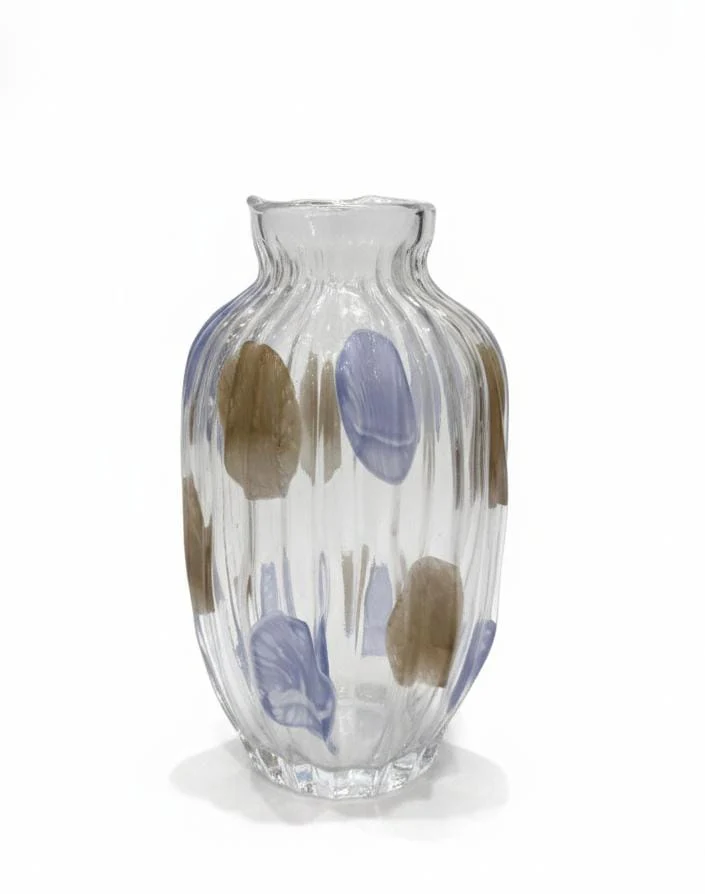 AKDC Premium Transparent Glass Vase with Elegant Brown & Blue Pattern Design – 30×15 cm Decorative Piece