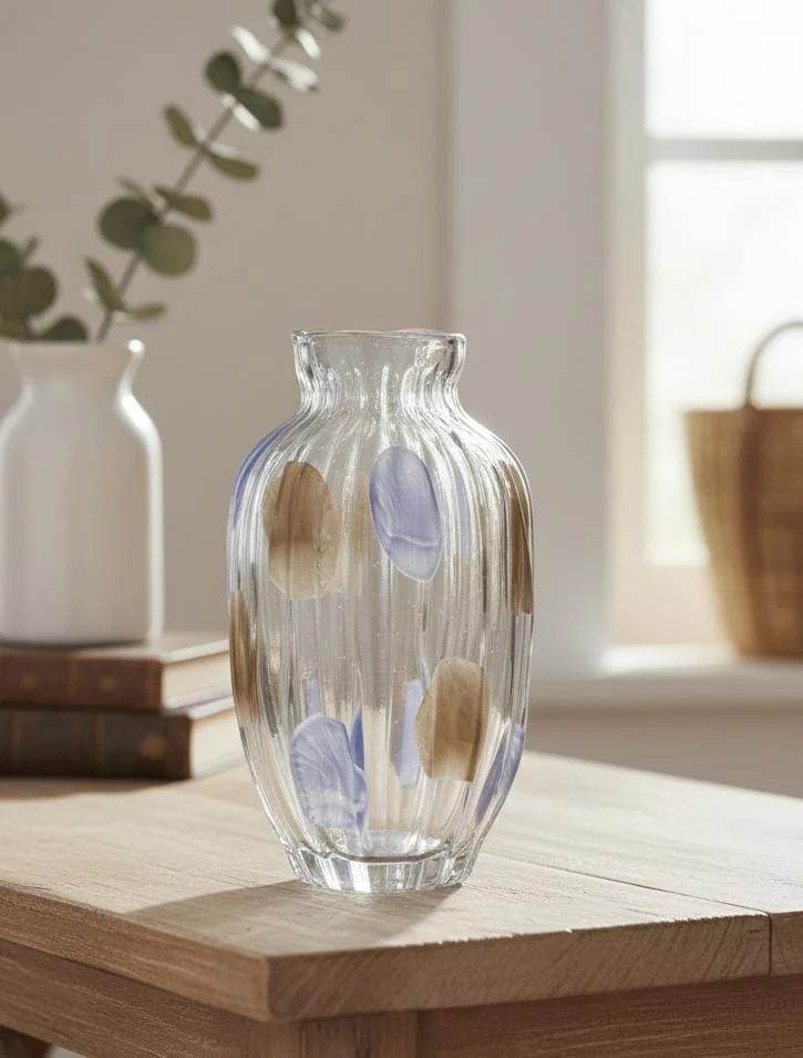 AKDC Premium Transparent Glass Vase with Elegant Brown & Blue Pattern Design – 30×15 cm Decorative Piece - Image 2