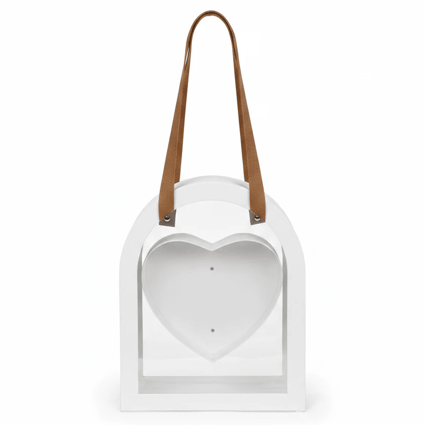 AKDC Premium White Arch Frame Heart Gift Cardboard Box with Transparent Lid & Faux Leather Handles for Wedding Gifts & Elegant Packaging