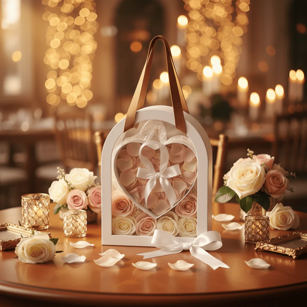 AKDC Premium White Arch Frame Heart Gift Cardboard Box with Transparent Lid & Faux Leather Handles for Wedding Gifts & Elegant Packaging - Image 2