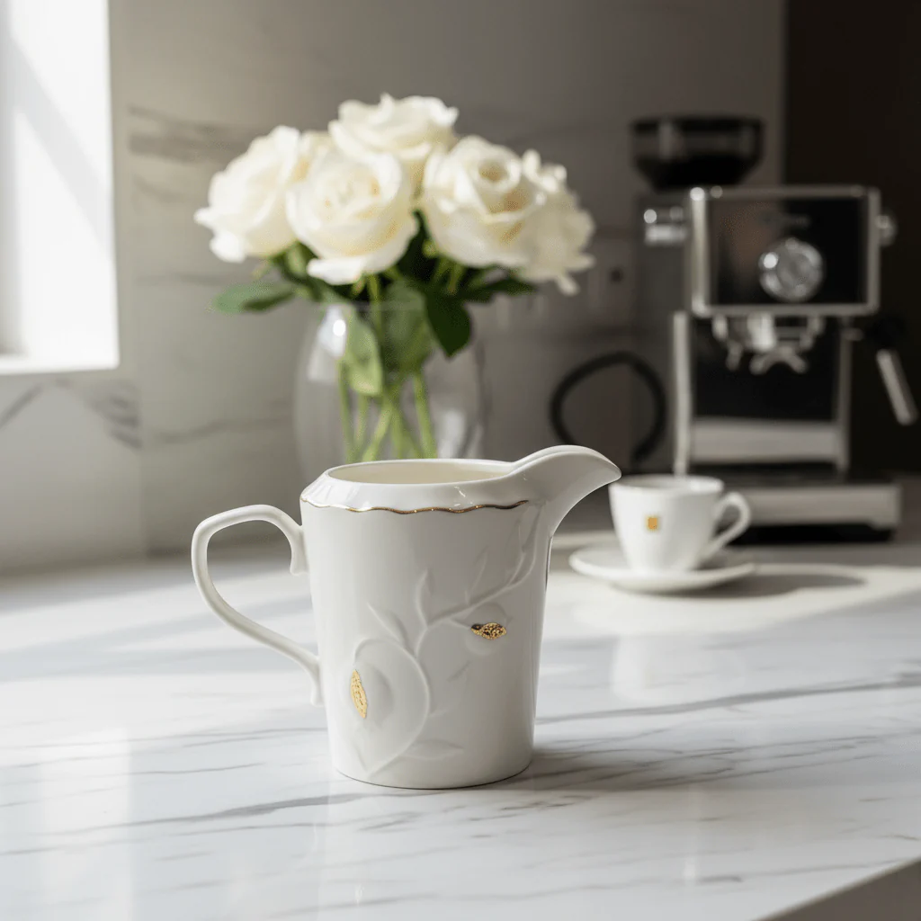 White Ceramic Creamer Jug with Gold Accent Design and Easy-Pour Handle – Stylish Milk Server (10×6 cm) - Image 3