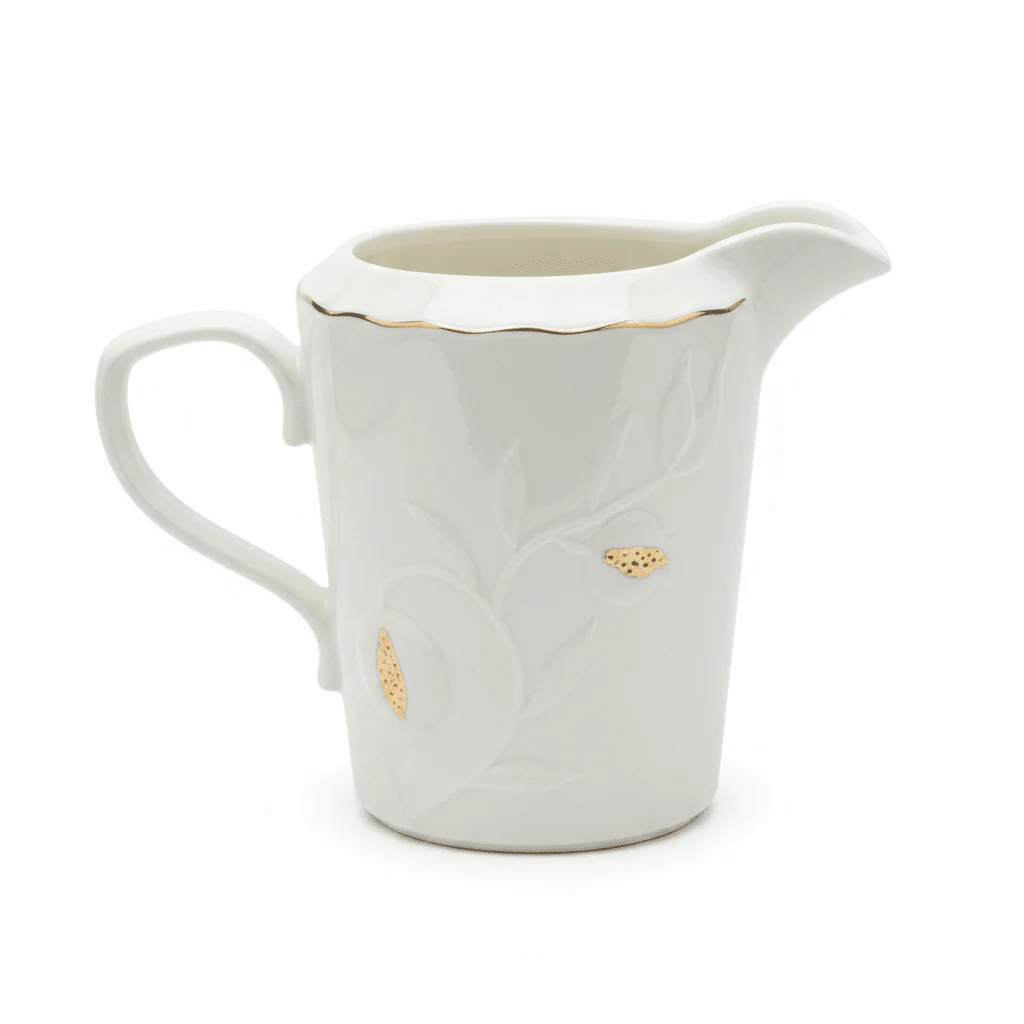 White Ceramic Creamer Jug with Gold Accent Design and Easy-Pour Handle – Stylish Milk Server (10×6 cm) - Image 4