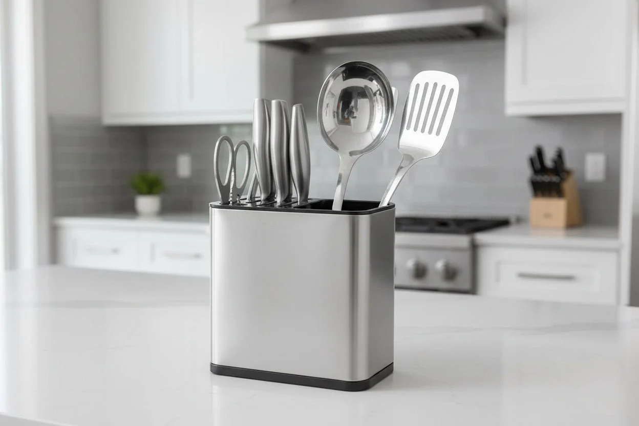AKDC Professional Stainless Steel 2-in-1 Universal Knife Block & Utensil Holder – Multi-Slot Safe Storage Organizer (196×118×201 mm) - Image 2