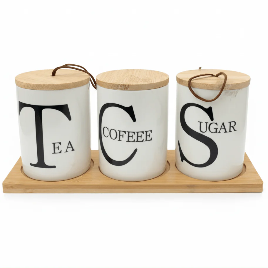 AKDC PureStore 3-Piece White Ceramic Canister Storage Set with Wooden Base & Lid Modern Kitchen Organizer 28×8cm