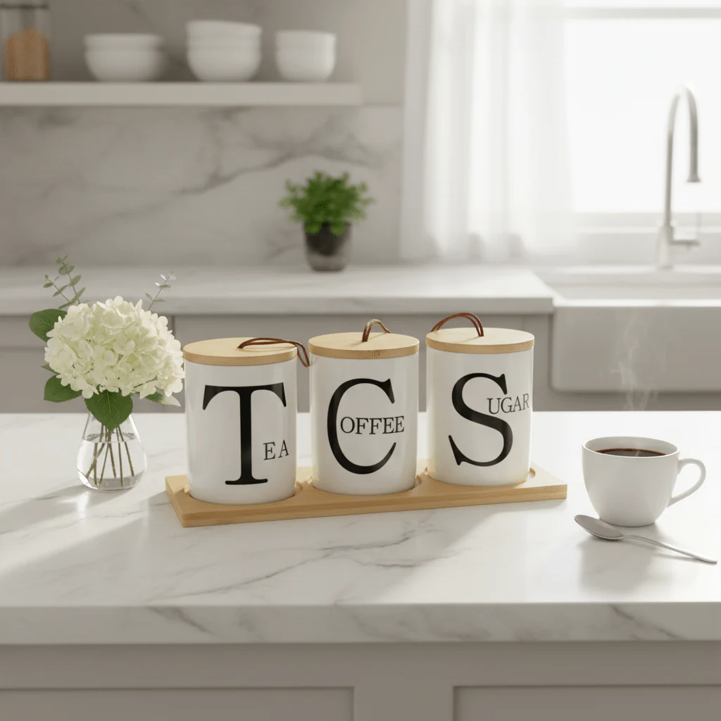 AKDC PureStore 3-Piece White Ceramic Canister Storage Set with Wooden Base & Lid Modern Kitchen Organizer 28×8cm - Image 2