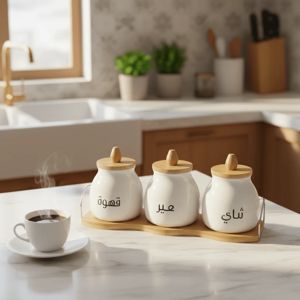 AKDC PureStore 3-Piece White Ceramic Seasoning Jar Set with Wooden Base & Airtight Lids Kitchen Storage 28×8cm - Image 2
