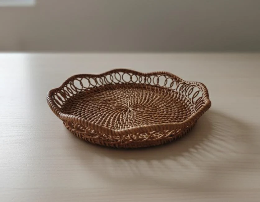 AKDC Rattan Round Tray 20 cm – Small Natural Handwoven Serving Tray