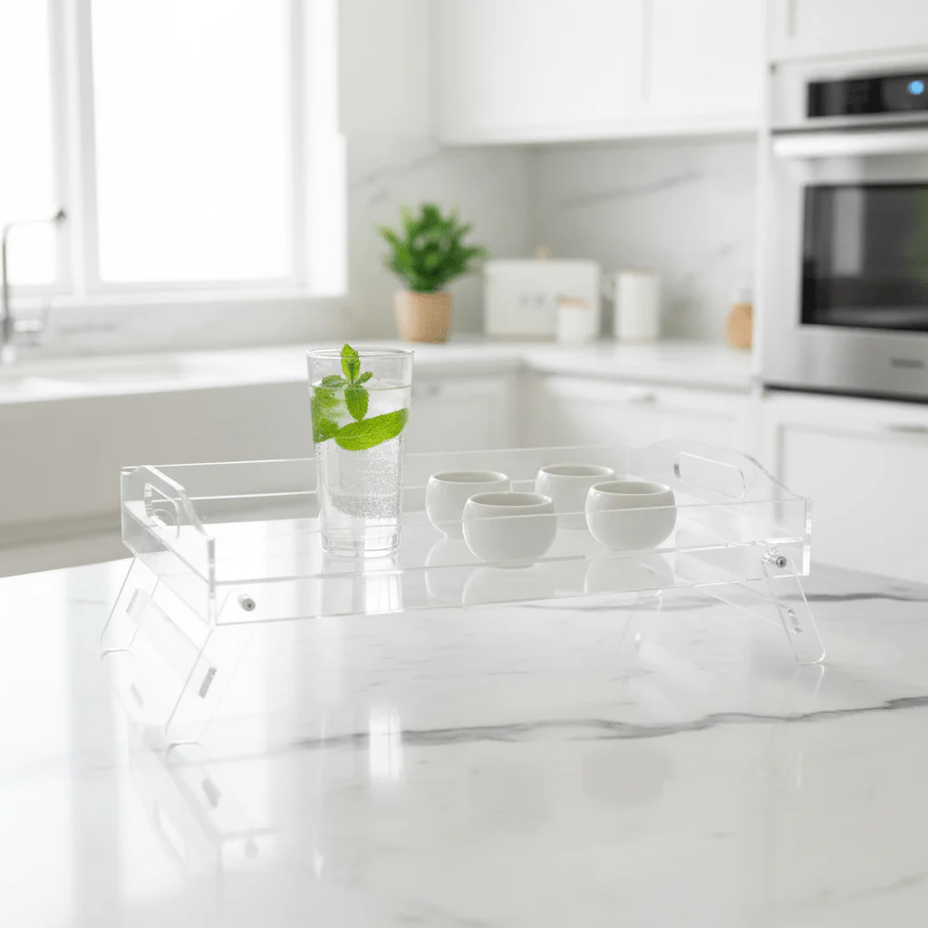 AKDC Rectangular Acrylic Foldable Footed Serving Tray with Stable Base Ideal for Serving Drinks and Snacks 37x23 cm - Image 3