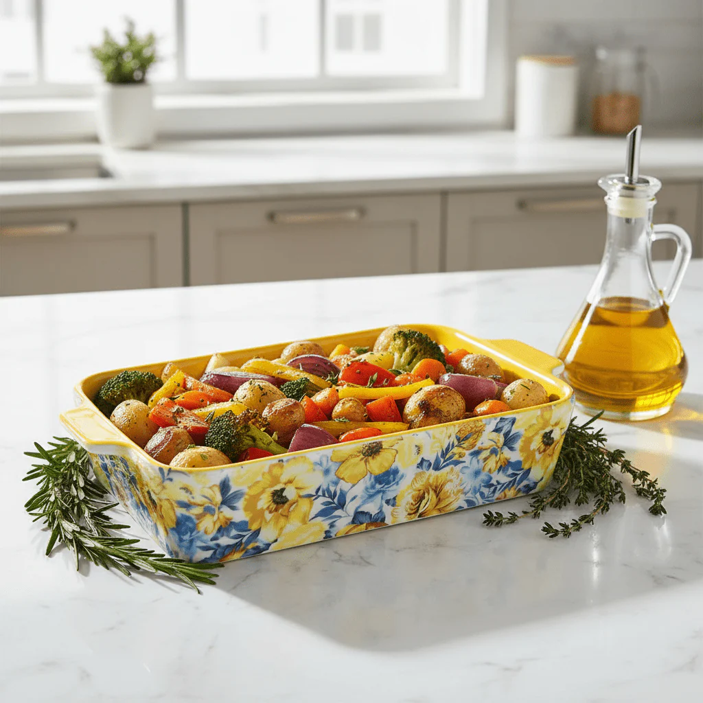 Rectangular Ceramic Baking Dish with Floral Handle Design In Assorted Colours – Stylish Oven-to-Serve Dish (26×18 cm) - Image 3
