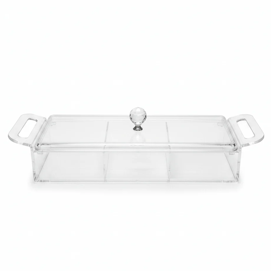 AKDC Rectangular Clear Acrylic 3 Compartment Candy Box with Lid Stylish Kitchen Storage Organizer 36x13x6 cm