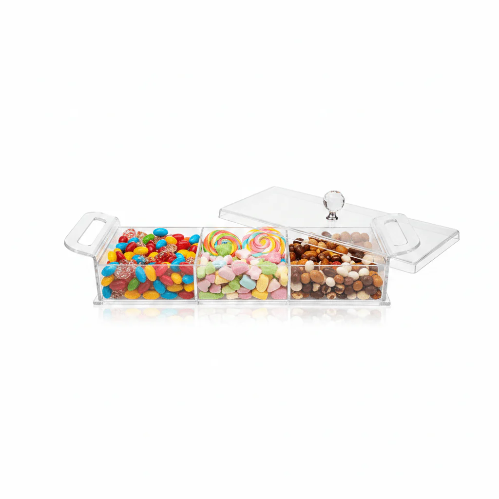 AKDC Rectangular Clear Acrylic 3 Compartment Candy Box with Lid Stylish Kitchen Storage Organizer 36x13x6 cm - Image 2