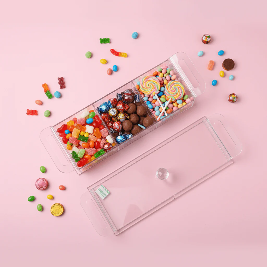 AKDC Rectangular Clear Acrylic 3 Compartment Candy Box with Lid Stylish Kitchen Storage Organizer 36x13x6 cm - Image 4