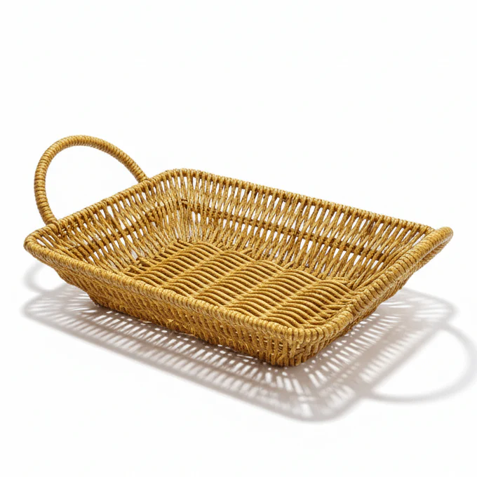 AKDC Rectangular Handwoven Rattan Basket with Handle – Natural Brown Finish, Durable Multipurpose Organizer for Home Décor, 26 × 20 × 6 cm