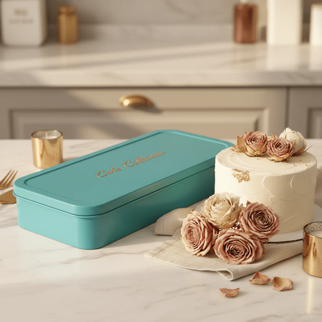 AKDC Rectangular Light Blue Premium Metal Cake Box with Elegant Finish for Cake Presentation 45x22cm - Image 2