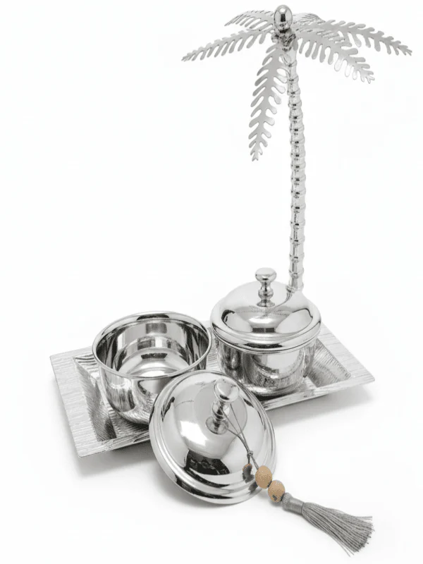 AKDC Rectangular Metal Tray with 2 Candy Bowls – Luxury Silver Finish, Party & Dining Serving Set, 30 × 29 × 17 cm - Image 2