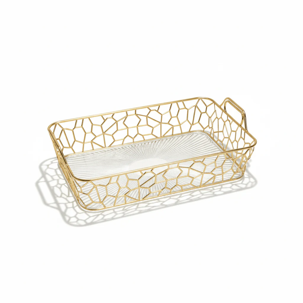 AKDC Rectangular Plastic Storage Tray – 30×19×6cm (Gold & Transparent)