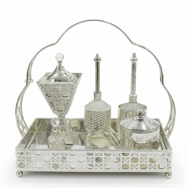 AKDC Royal Lattice — Mirrored Silver & Crystal Incense Tray Collection, 35×25cm