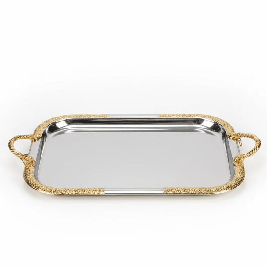 AKDC Rectangular Stainless Steel Serving Tray with Elegant Golden Border and Handles, Durable Multipurpose Tea, Coffee & Food Serving Tray for Home, Kitchen & Restaurant – 38 × 30 cm