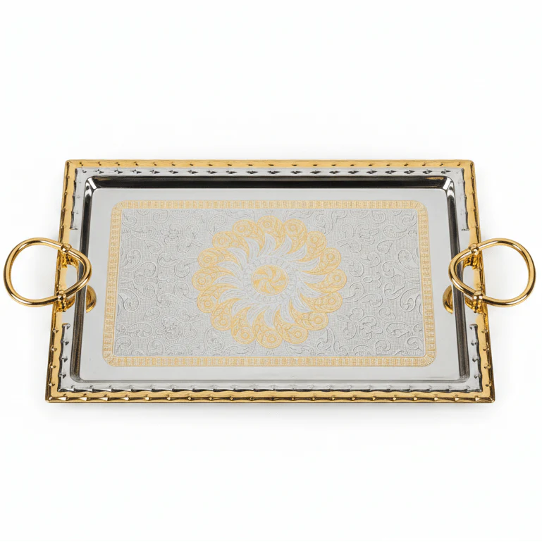 AKDC Rectangular Stainless Steel Serving Tray with Gold Border and Strong Handles, Elegant Food & Drink Serving Tray for Home, Kitchen, Hotel & Parties – 41 × 28 cm