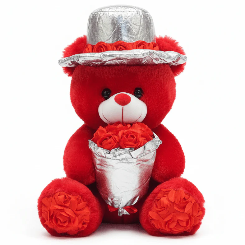 AKDC Red Color Teddy Bear Soft Plush Toy with Decorative Flower Bouquet – 40 cm Gift Stuffed Animal