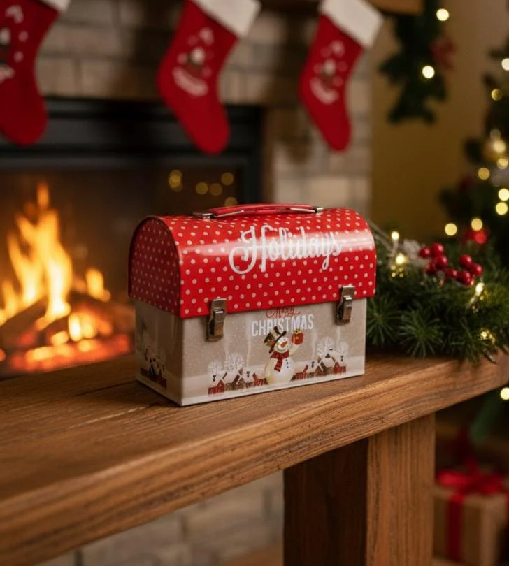 AKDC Red Metal Coin Box 15×15 cm – Christmas Money Box or Gift Storage