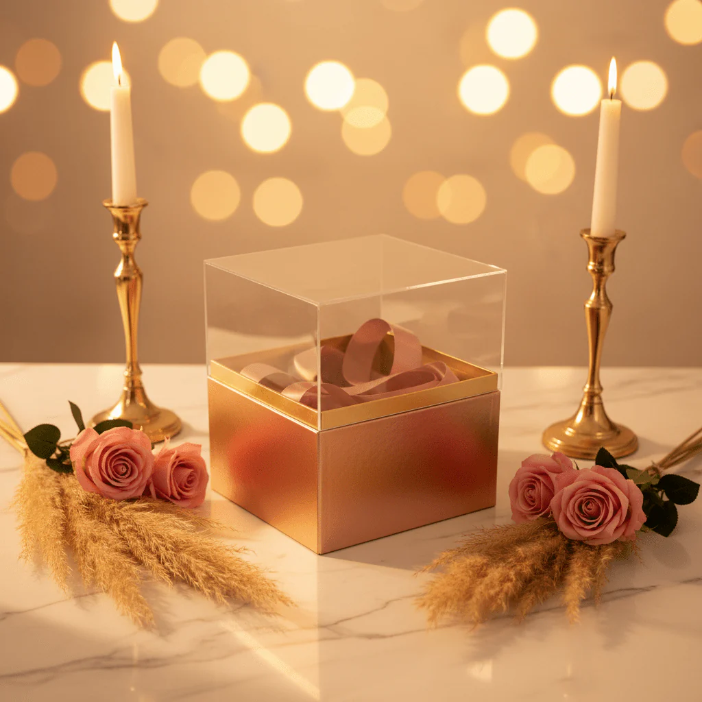 AKDC Rose Gold Square Cardboard Gift Box with Transparent Lid & Ribbon Ties for Premium Gift Packaging, Hampers & Occasions – 18×18×19 cm - Image 2