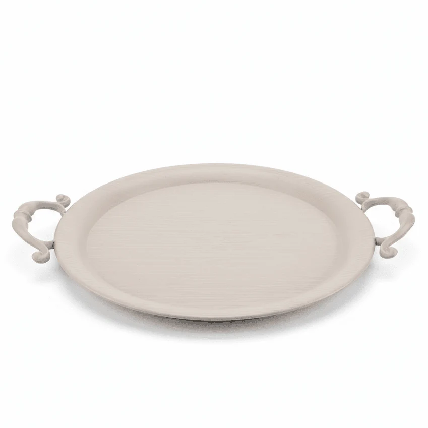 AKDC Round Beige Metal Serving Tray with Handles – Modern Decorative Serving Tray 30 cm