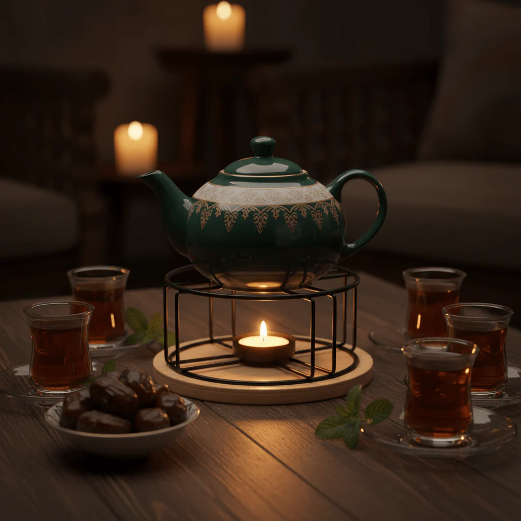 AKDC Round Black Metal Teapot Warmer with Wooden Base for Stylish Tea Serving – 16x8cm - Image 2