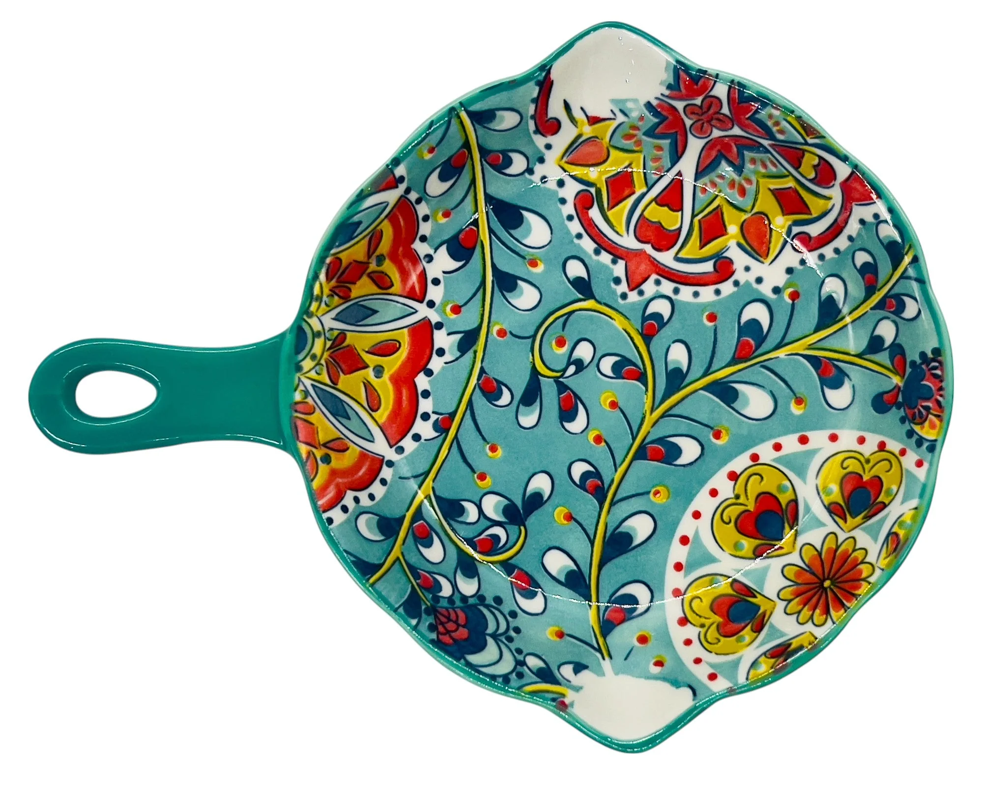AKDC Round Ceramic Bowl with Handle 19cm*3.5cm, Teal and Multicolour Floral Designs