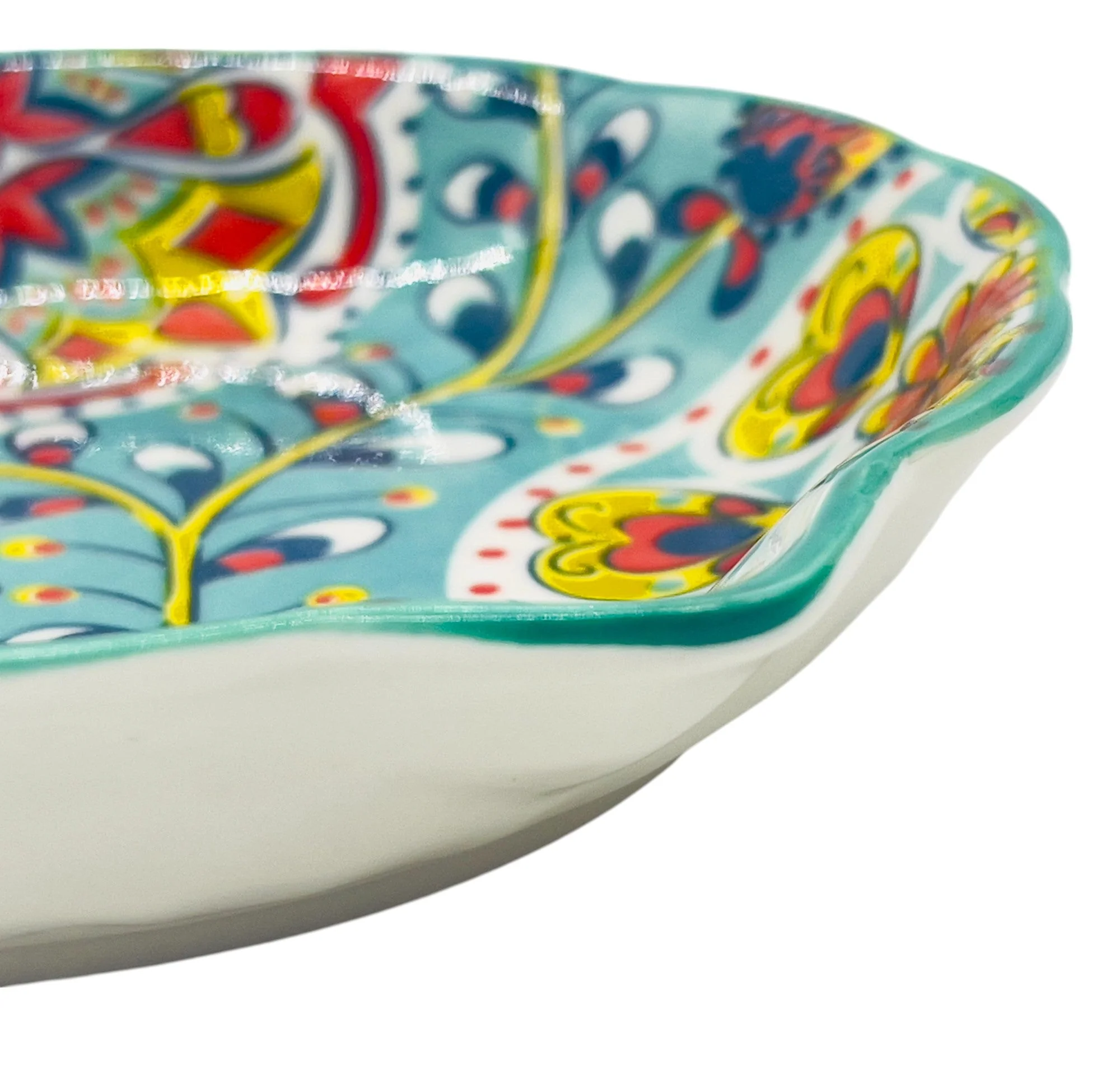 AKDC Round Ceramic Bowl with Handle 19cm*3.5cm, Teal and Multicolour Floral Designs - Image 3