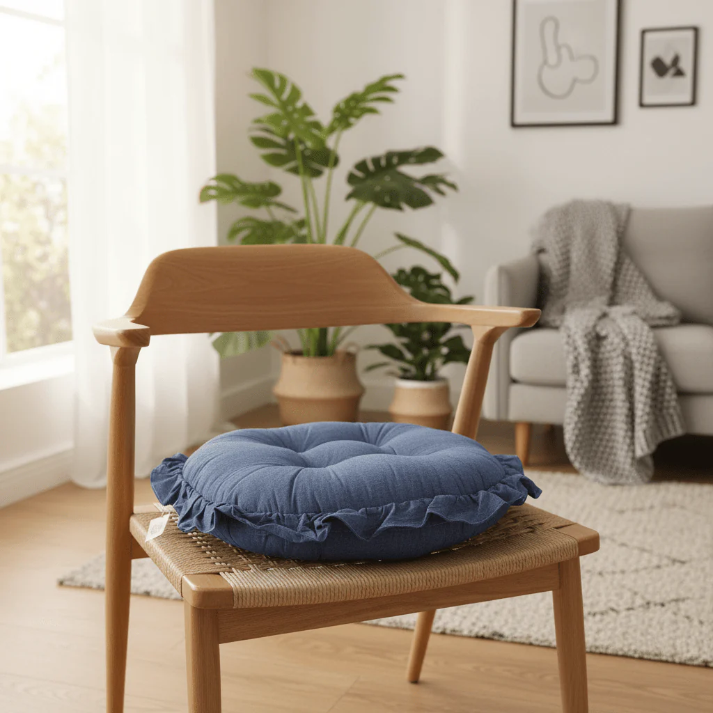 AKDC Round Cotton Linen Blend Denim Blue Seat Cushion Breathable Comfortable Chair Pad for Home Seating  35 cm - Image 2