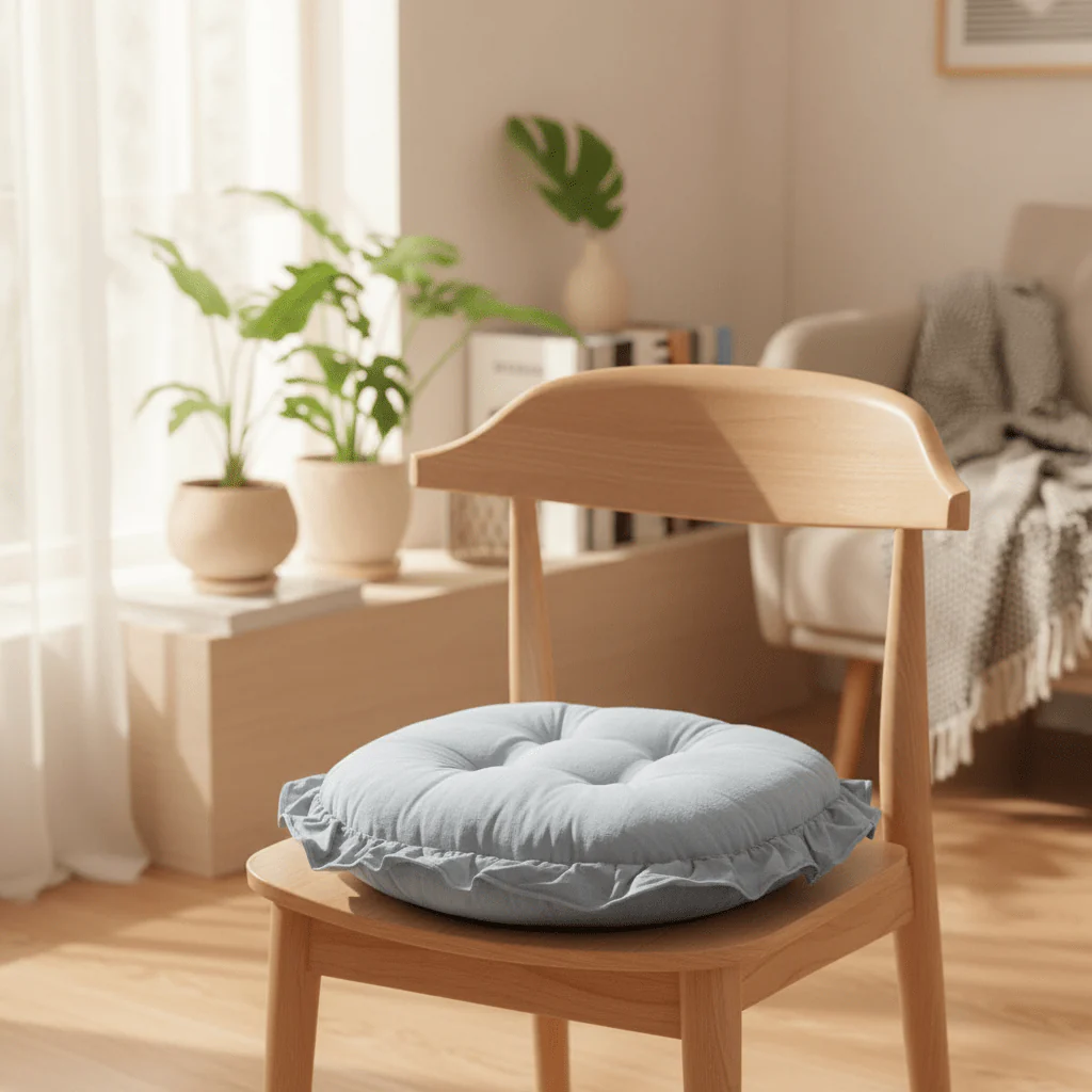 AKDC Round Cotton Linen Blend Light Blue Seat Cushion Comfortable Breathable Chair Pad for Everyday Use 35 cm - Image 2