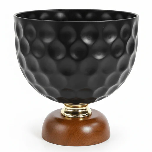 AKDC Round Decorative Metal Fruit Bowl with Solid Wooden Base – Modern Black and Natural Wood Finish Fruit Basket for Dining Table and Kitchen Counter, Size 20 × 20 cm