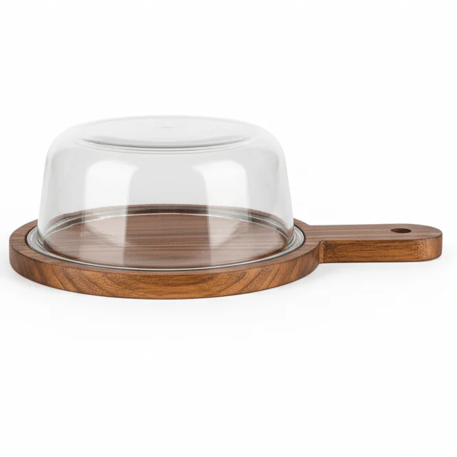 AKDC Round Glass Butter Dish with Wooden Base – Stylish Butter Storage Dish with Durable Wooden Base 17×7.5 cm