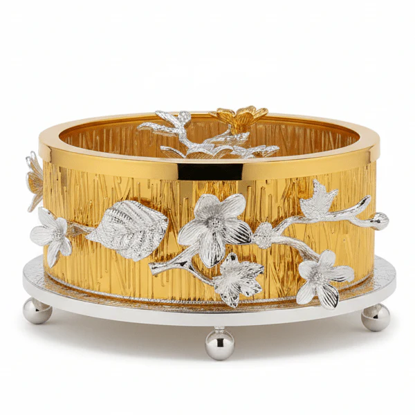 AKDC Round Gold & Silver Candy Jar Metal with Glass Lid – Elegant Sweet Storage Container 15 cm