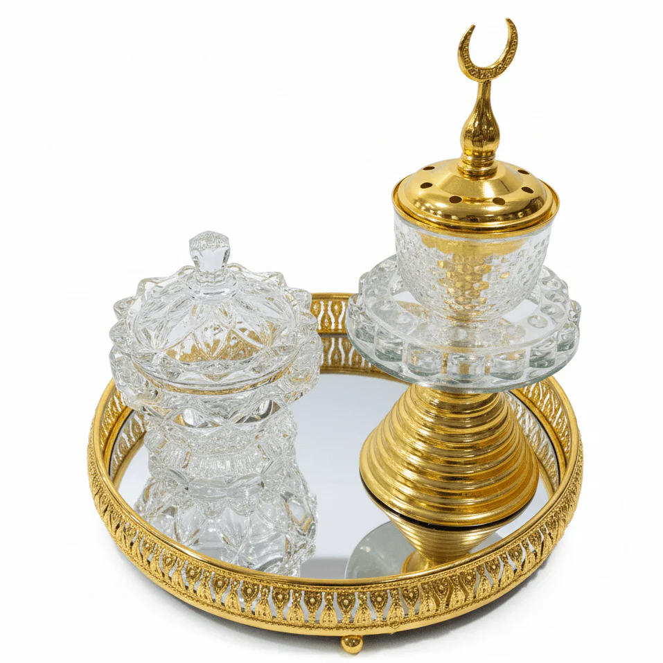 AKDC Royal Crescent Crystal & Gold Incense Burner Set | 20cm Mirrored Tray Collection