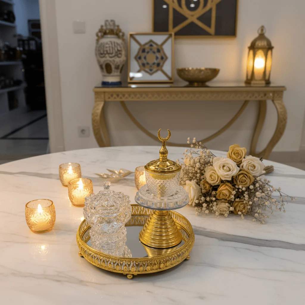 AKDC Royal Crescent Crystal & Gold Incense Burner Set | 20cm Mirrored Tray Collection - Image 2