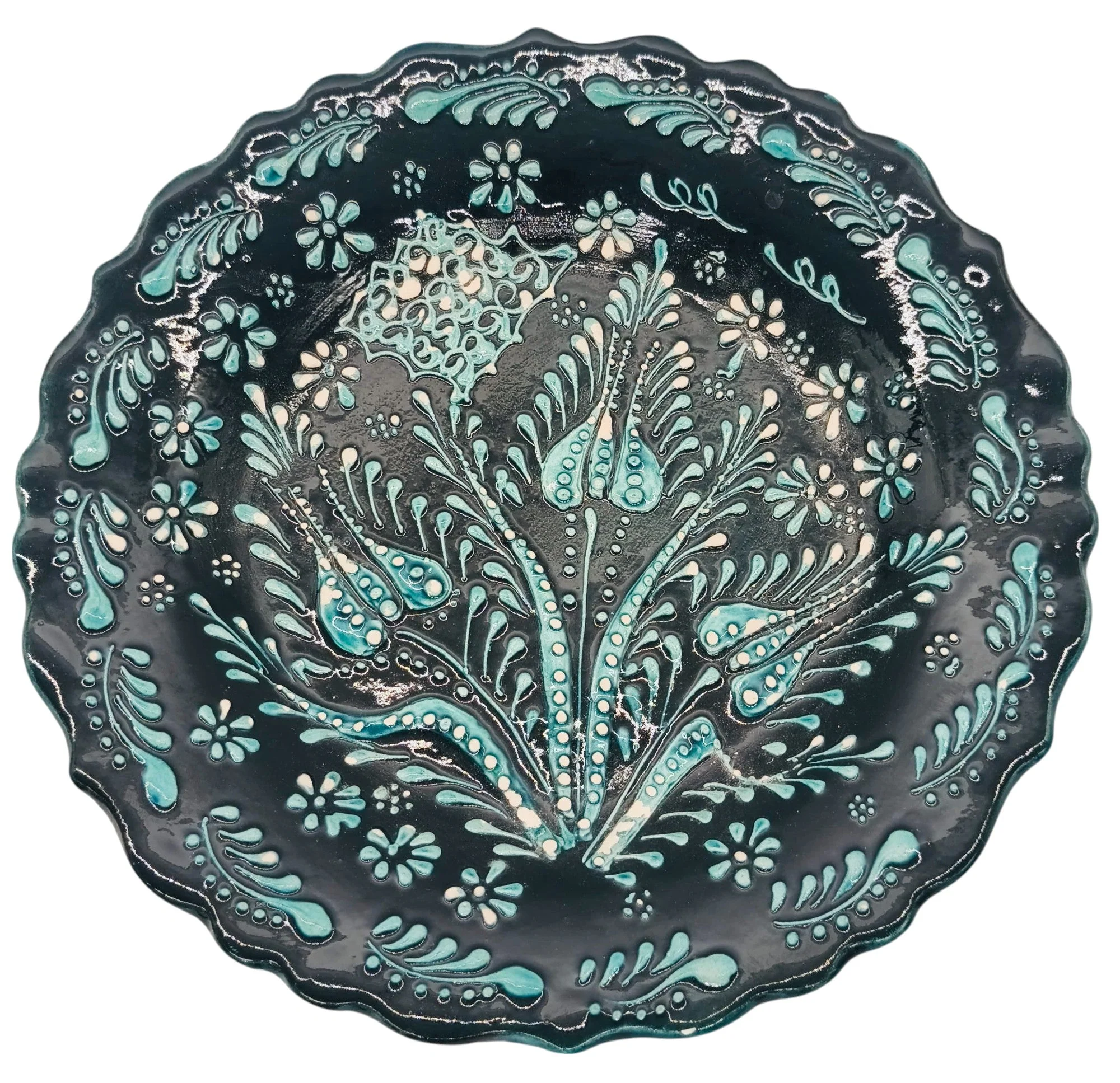 AKDC Round Handmade Plate 25cm, Black/Teal Floral Design