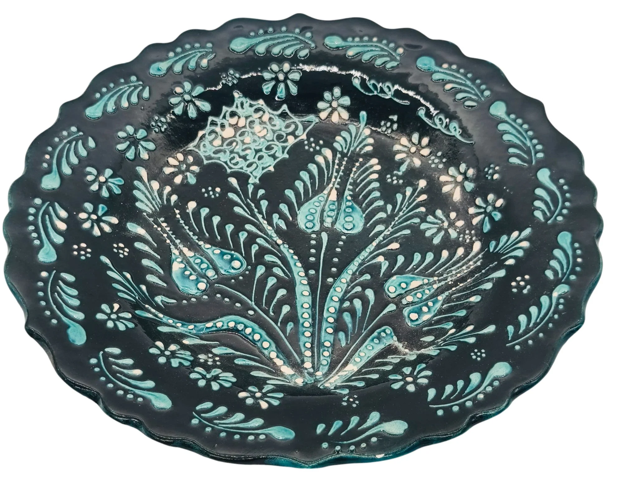 AKDC Round Handmade Plate 25cm, Black/Teal Floral Design - Image 2