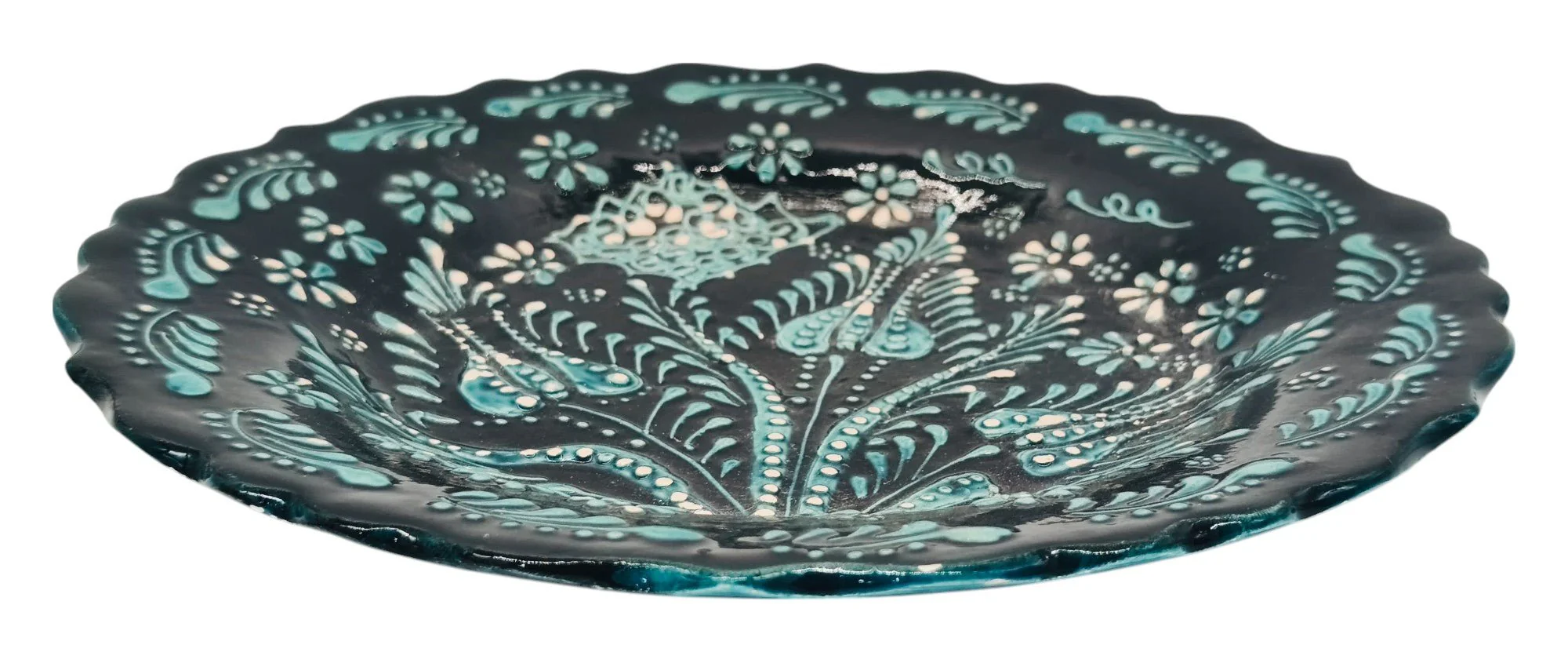 AKDC Round Handmade Plate 25cm, Black/Teal Floral Design - Image 3