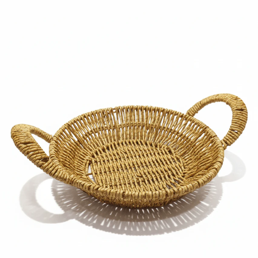 AKDC Round Handwoven Rattan Basket with Carry Handle – Natural Brown Color, Traditional Style Serving & Storage Basket, 25 × 5 cm