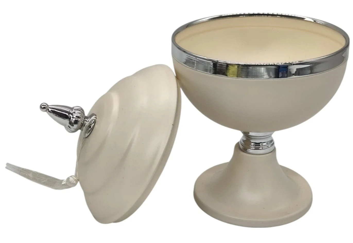 AKDC Round Metal Footed Candy Bowl with Lid 21cm*27cm, Ivory/Silver - Image 2