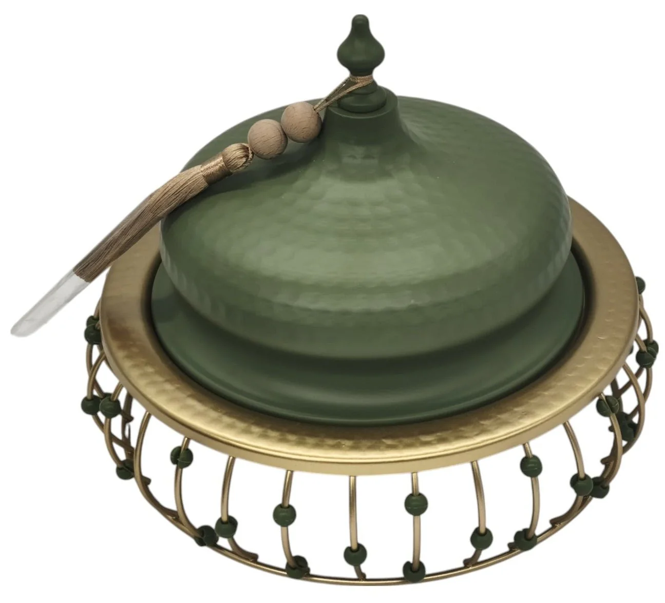 AKDC Round Metal Tajine with Lid 18cm*16cm, Green/Golden