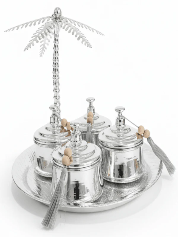 AKDC Round Metal Tray with 4 Candy Bowls – Premium Silver Finish, Complete Sweet Serving Set, 35 × 29 cm