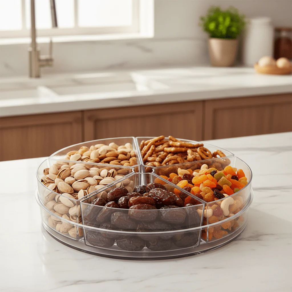 AKDC Round Plastic Turnable Organizer with 5 Removable Trays 27.7cm*8.5cm, Clear & Transparent